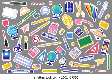 Set of vector cartoon illustrations of stickers with school and office supplies. Blackboard, colored chalk, colored pencils, markers, pencils, globe, rulers, erasers, scissors, paper plane, etc.