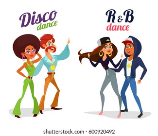 Set of vector cartoon illustrations of two couples dancing dance in disco style and rhythm and blues isolated on white