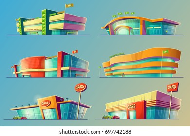 Set of vector cartoon illustrations, various supermarket buildings, shops and car dealership. Icons of modern large malls, stores. Print, template, design element