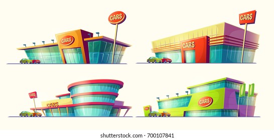 Set of vector cartoon illustrations, various buildings, car sale centers, rental. Print, template, design element