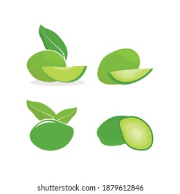 Set of vector cartoon illustrations with whole, half, cut slice Ambarella exotic fruits, flowers and leaves isolated on white background