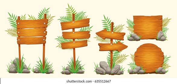 Set of vector cartoon illustrations of wooden signs of various forms standing on the grass and stones. Elements of design for games