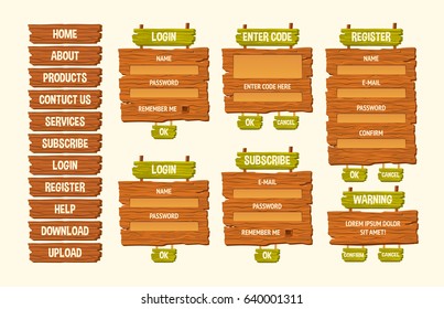 Set of vector cartoon illustrations wooden signs, components for game development, gui design elements