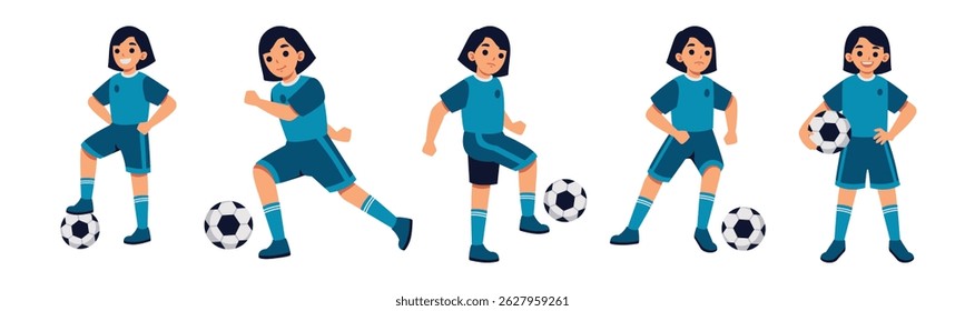 Set of vector cartoon illustrations of a young female soccer player in various action poses. Perfect for sports-related content, educational materials, or character design projects.