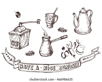 Set of vector cartoon images of coffee and tea cups. It can be used for design of cafe and restaurants, drawing the grinder, a cup with a drink, coffee stains. have a nice sunday.
