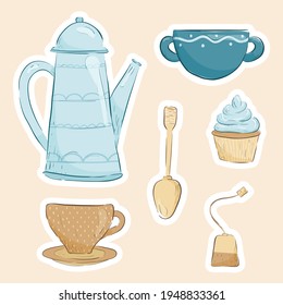 Set of vector cartoon images. Collection of stickers on the theme of tea drinking. Teapot, cup with tea or coffee bag, spoon and cupcake. Doodle images for background decoration.