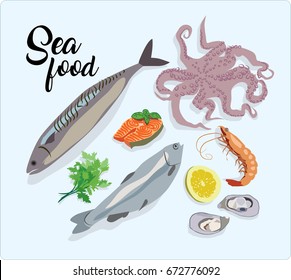 Set of Vector cartoon images of seafood (mackerel, red fish, octopus, parsley, lemon, mussels, shrimps)