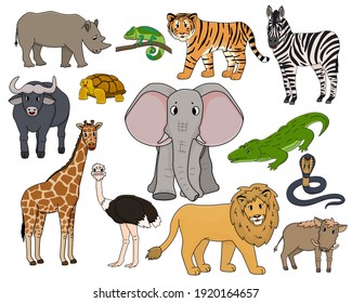 Set of vector cartoon isolated outline Savannah animals. Tiger, lion, rhinoceros, common warthog, African buffalo, tortoise, chameleon, zebra, ostrich, elephant, giraffe, crocodile, cobra for children