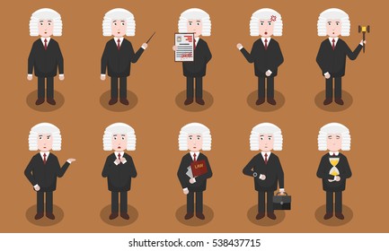 Set of vector cartoon judge character in various situations and emotions. Concept of law authority, court and justice