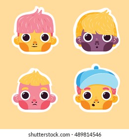 Set of vector cartoon kids faces. Colorful flat children boy and girl characters