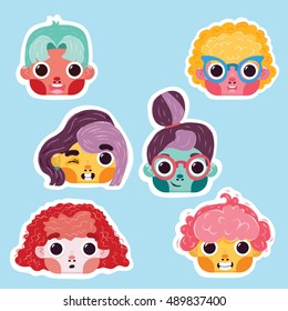 Set of vector cartoon kids faces. Colorful flat children boy and girl characters