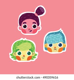 Set of vector cartoon kids faces. Colorful flat children boy and girl characters