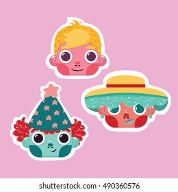 Set of vector cartoon kids faces. Colorful flat children boy and girl characters