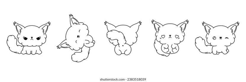 Set of Vector Cartoon Kitten Coloring Page. Collection of Kawaii Isolated Maine Coon Cat Outline for Stickers, Baby Shower, Coloring Book, Prints for Clothes. 