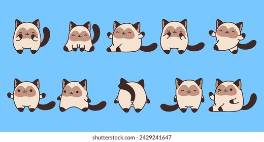 Conjunto de dibujos animados vectoriales Kitty Animal Ilustraciones. Colección de arte aislado del gato del siame de Kawaii para pegatinas, estampados para la ropa, Baby Shower, páginas para colorear.
