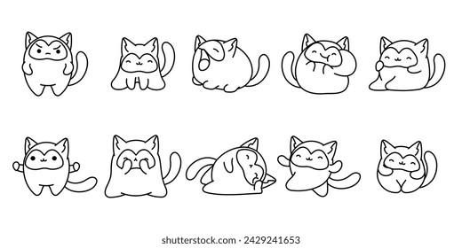 Conjunto de dibujos animados vectoriales Kitty Animal para colorear página. Colección de Kawaii aislado Siame Cat contorno para pegatinas, Baby Shower, libro de colorear, estampados para la ropa.
