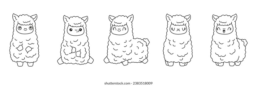 Set von Vektorgrafik-Lama-Farbseiten. Kollektion von Kawaii Isolated Baby Alpaca Outline für Aufkleber, Babydusche, Farbbuch, Bedruckungen für Kleidung