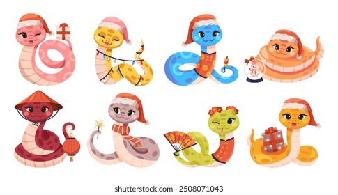 Set of vector cartoon New Year snakes isolated on white background. Chinese 2025 New Year symbol, CNY mascot, animal character in Santa hat. Asian lunar animal. Friendly characters of smiling reptile