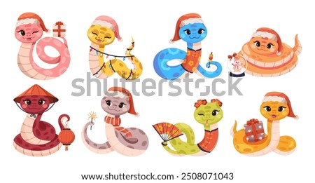 Set of vector cartoon New Year snakes isolated on white background. Chinese 2025 New Year symbol, CNY mascot, animal character in Santa hat. Asian lunar animal. Friendly characters of smiling reptile
