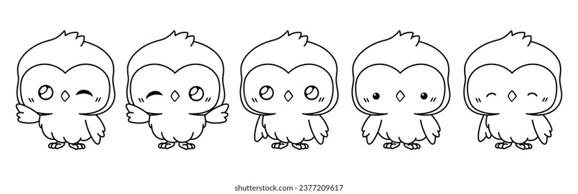 Set of Vector Cartoon Owl Coloring Page. Collection of Kawaii Isolated Bird Outline for Stickers, Baby Shower, Coloring Book, Prints for Clothes. 