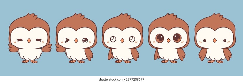 Set of Vector Cartoon Owl Illustrations. Collection of Kawaii Isolated Bird Art for Stickers, Prints for Clothes, Baby Shower, Coloring Pages. 