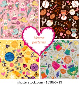 Set of the vector cartoon patterns  - yummy coffee, spring yellow pattern with bird, funny bunnies and beautiful flowers.