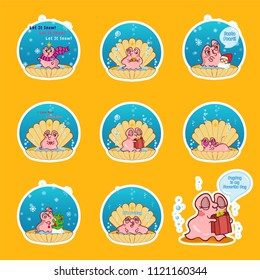 Set of vector cartoon pearl oyster in water bubble with lovely shell. Illustration of kawaii pink snail with different face expression. Perfect for icons, prints, stickers or smiles. Abstract design