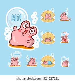 Set of vector cartoon pearl oyster with water bubbles and cute shell. Illustration of kawaii pink snail with different face expression. Perfect for icons, prints, stickers or smiles. Abstract design 