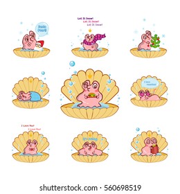 Set of vector cartoon pearl oyster with water bubbles, shell. Illustration of kawaii pink snail with different face expression. Perfect for icons, prints, stickers or smiles. Abstract design 