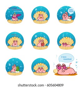 Set of vector cartoon pearl oyster in water bubble with lovely shell. Illustration of kawaii pink snail with different face expression. Perfect for icons, prints, stickers or smiles. Abstract design 