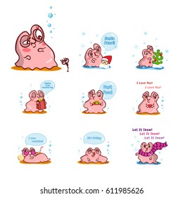 Set of vector cartoon pearl oyster with water bubbles, snowflakes. Illustration of kawaii pink snail with different face expression. Perfect for icons, prints, stickers or smiles. Abstract design 