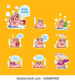 Set of vector cartoon pearl oyster with water bubbles, snowflakes. Illustration of kawaii pink snail with different face expression. Perfect for icons, prints, stickers or smiles. Abstract design  
