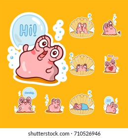 Set of vector cartoon pearl oyster with water bubbles and cute shell. Illustration of kawaii pink snail with different face expression. Perfect for icons, prints, stickers or smiles. Abstract design