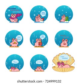 Set of vector cartoon pearl oyster in water bubble or drop of water. Illustration of kawaii pink snail with different face expression. Perfect for icons, prints, stickers or smiles. Abstract design