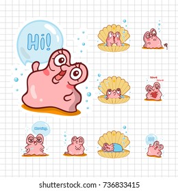 Set of vector cartoon pearl oyster with water bubbles and cute shell. Illustration of kawaii pink snail with different face expression. Perfect for icons, prints, stickers or smiles. Abstract design