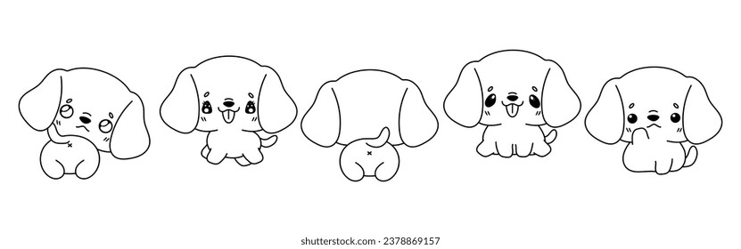 Set of Vector Cartoon Pet Coloring Page. Collection of Kawaii Isolated Beagle Dog Outline for Stickers, Baby Shower, Coloring Book, Prints for Clothes. 