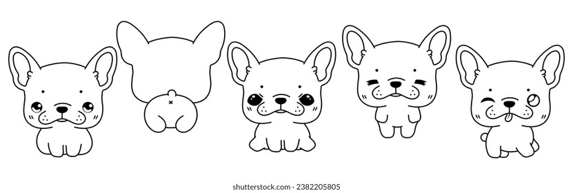 Set of Vector Cartoon Pet Coloring Page. Collection of Kawaii Isolated French Bulldog Dog Outline for Stickers, Baby Shower, Coloring Book, Prints for Clothes. 