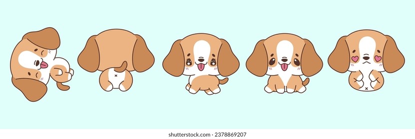 Set of Vector Cartoon Pet Illustrations. Collection of Kawaii Isolated Beagle Dog Art for Stickers, Prints for Clothes, Baby Shower, Coloring Pages. 