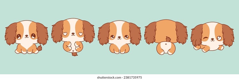 Set of Vector Cartoon Pet Illustrations. Collection of Kawaii Isolated Cocker Spaniel Dog Art for Stickers, Prints for Clothes, Baby Shower, Coloring Pages. 