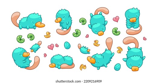 Set with vector cartoon platypuses and platypuses and heart, baby egg, water lily leaves and yellow rubber ducky shower toy elements. Cute kawaii style.