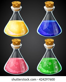 Set of vector cartoon potion bottle. Vial with colorful liquid for game icons. GUI asset.