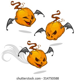 Set of vector cartoon pumpkin heads expressions with bat wings. Vector Halloween illustration isolated