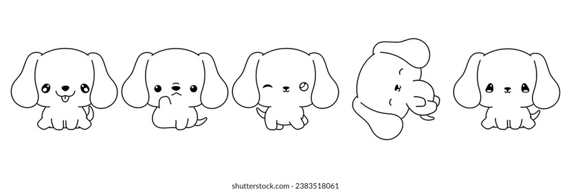 Set of Vector Cartoon Puppy Coloring Page. Collection of Kawaii Isolated Dachshund Dog Outline for Stickers, Baby Shower, Coloring Book, Prints for Clothes. 