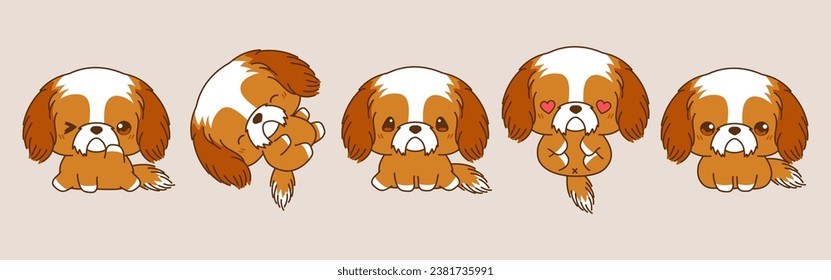 Set of Vector Cartoon Puppy Illustrations. Collection of Kawaii Isolated Shih Tzu Dog Art for Stickers, Prints for Clothes, Baby Shower, Coloring Pages. 