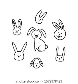 Set of vector cartoon rabbits. Simple minimal style. black outlines on a white background