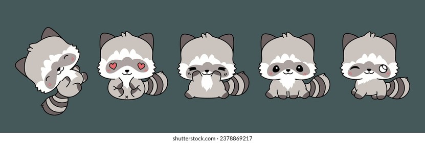 Set of Vector Cartoon Raccoon Illustrations. Collection of Kawaii Isolated Forest Animal Art for Stickers, Prints for Clothes, Baby Shower, Coloring Pages. 