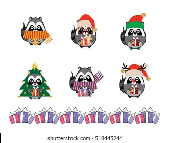 Set of vector cartoon raccoons in flat style. Cute illustration of funny raccoons in Christmas outfits. Santa Claus, elf, deer, Christmas tree, raccoon with presents and cookie. Kawaii animals