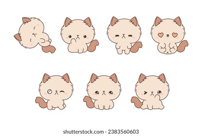 Set of Vector Cartoon Ragamuffin Cat Illustrations. Collection of Kawaii Isolated Cat Art for Stickers, Prints for Clothes, Baby Shower, Coloring Pages. 