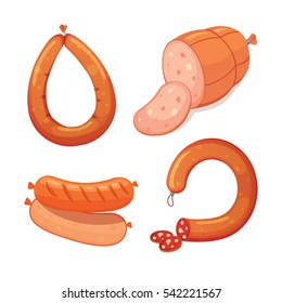 Set of vector cartoon sausage. Bacon, sliced Salami and Smoked Boiled. Isolated fresh grilled product on a white background