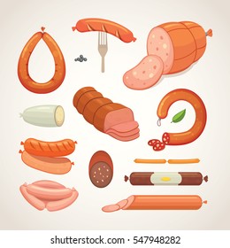 Set of vector cartoon sausage. Bacon, sliced Salami and Smoked Boiled. Isolated fresh grilled product on a white background